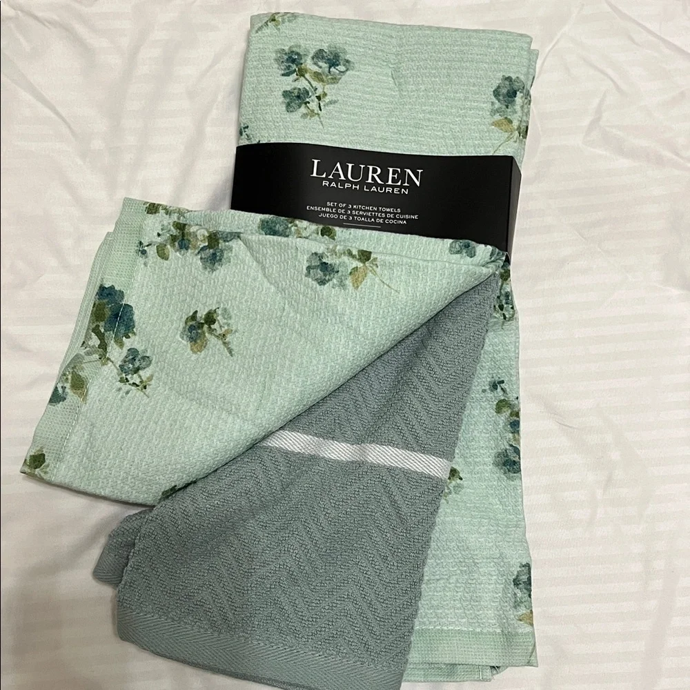Lauren Ralph Lauren Kitchen Towels set of 3 Mint Blue, Blue, Green